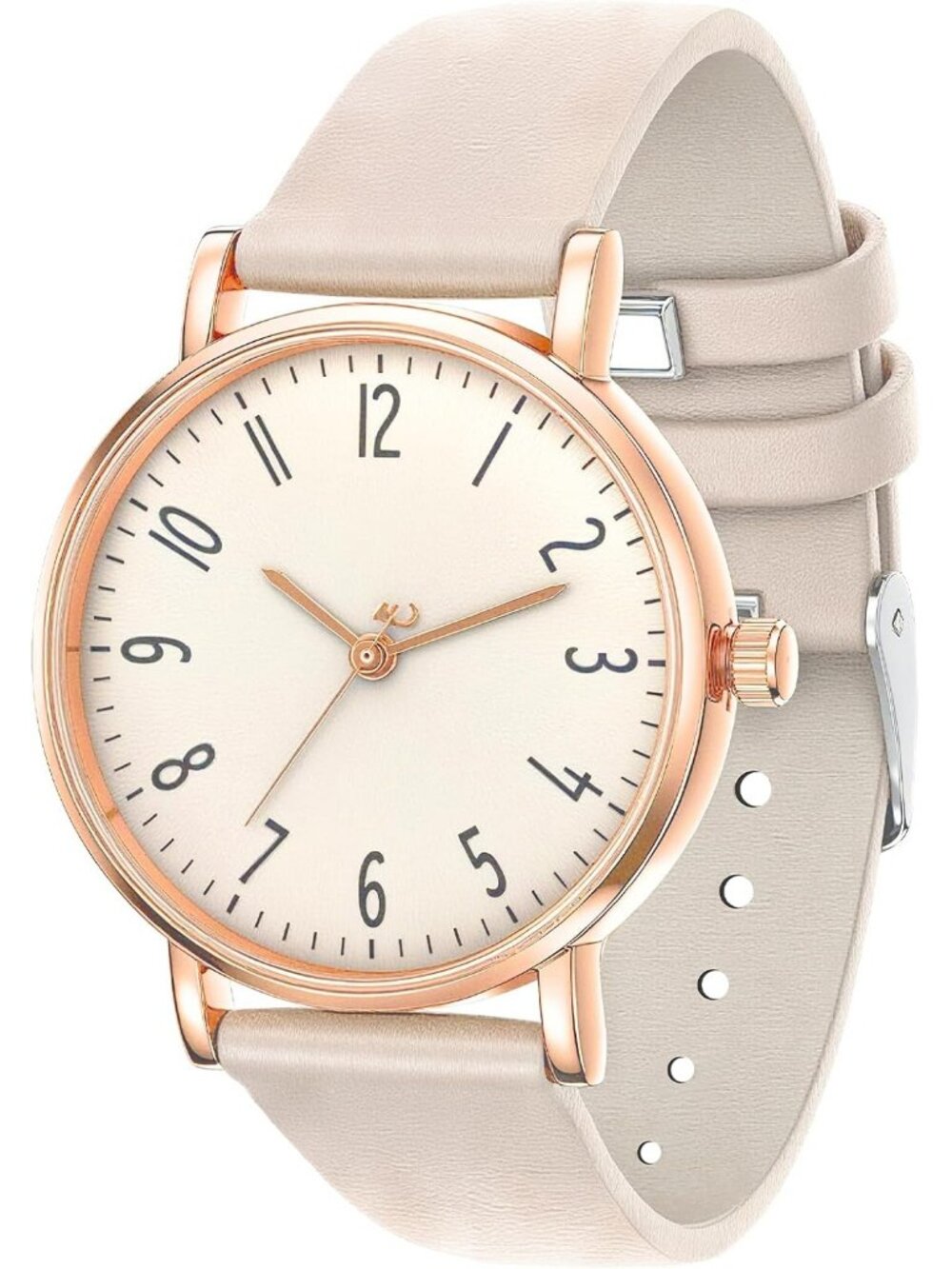 Women's Beige Leather Strap Waterproof Gold Analog Fashion Quartz Wrist Watch